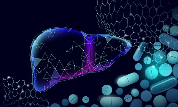 Medicina 3D tratamiento médico del hígado. Hepatitis que advierte diagnóstico de salud humana sistema de órganos cirrosis. Terapia médica El virus de la infección digestiva protege el concepto de drogas. Ilustración de vector poli bajo — Vector de stock