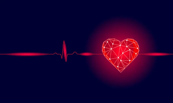 Egészséges emberi szív veri 3D gyógyszer modell alacsony poli. Háromszög összekapcsolt pontok világít pont piros háttér. Impulzus belső test modern anatómiai forma innovatív technológia teszi vektor illusztráció — Stock Vector