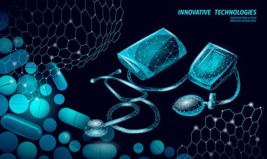 Kan basıncı ilaç kapsülünü ölçmek için 3D düşük polielektronik tonometre. Sağlık hizmetleri analiz teknolojisini kontrol ediyor. Kontrol testi tıp vektörü illüstrasyonu