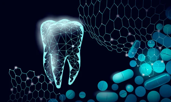 Faible concept médical de capsule de médicament à dents poly. Blanchiment émail reconstruction soins de santé. Dentisterie saine polygonale illustration vectorielle — Image vectorielle