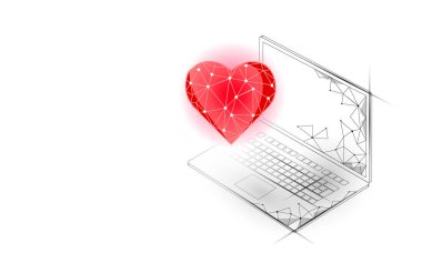İnternet randevu uygulaması konsepti. 3D düşük polimer dizüstü bilgisayarlı romantik ilişki sembolü kalp. Sosyal medya aşk randevusu çift hizmeti bul. Web sitesi romantik mesaj vektör illüstrasyonu