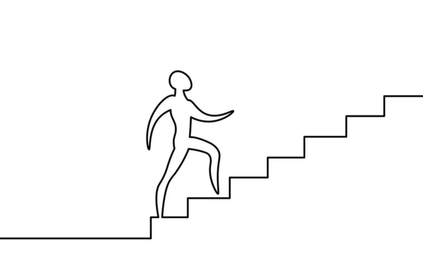 Un hombre de arte de una línea suba escaleras. Camino al éxito Trabajo en equipo: progreso profesional. Línea continua objetivo de trabajo líder desafío concepto vector ilustración — Vector de stock