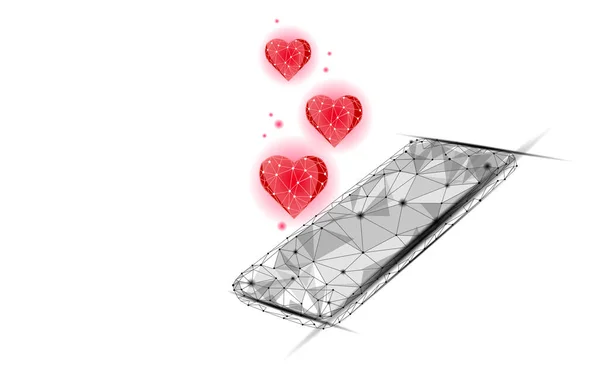 Internet citas concepto de aplicación. 3D baja poli teléfono inteligente relación romántica símbolo de corazón. Redes sociales amor fecha encontrar servicio de pareja. Sitio web mensaje romántico vector ilustración — Archivo Imágenes Vectoriales
