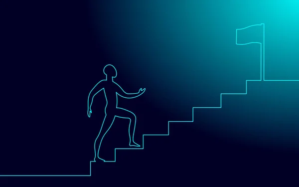 Egy vonalas művész lép fel a lépcsőn. Út a sikeres csapatmunka felé. Folyamatos munka cél vezető kihívás koncepció vektor illusztráció — Stock Vector