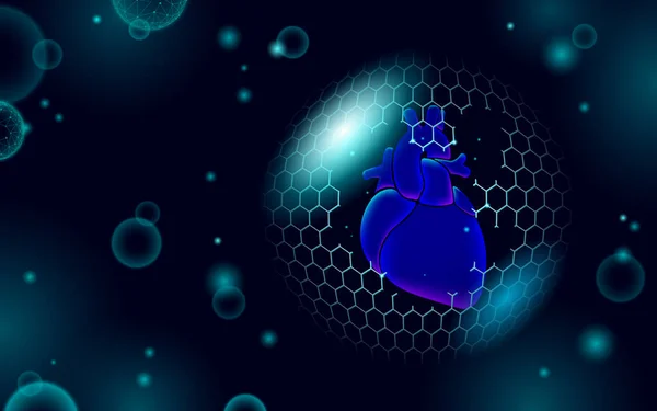 Alacsony poli 3D emberi szívpajzs védelem. Gyógyszer-helyreállítási technológia gyógyszer-gyógyszer koncepció. Vektorillusztráció — Stock Vector