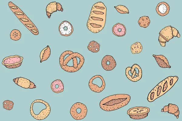 Ručně kreslený vzor pekařského chleba. Buns bageta croissant cookies koblihy vintage skica line vektorové ilustrace. Kavárna restaurace menu plakát — Stockový vektor