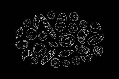 Fırın ekmeği karatahta seti çiziyor. Buns baguette croissant kurabiyeleri klasik karatahta çizgisi çizimi. Kafe restoran menüsü posteri