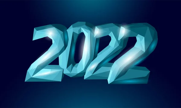 2022年新年3D金属冰晶。发光的形状,蓝色,黑色的霓虹灯数字插图.庆祝钢制镀银招贴画贺卡病媒 — 图库矢量图片