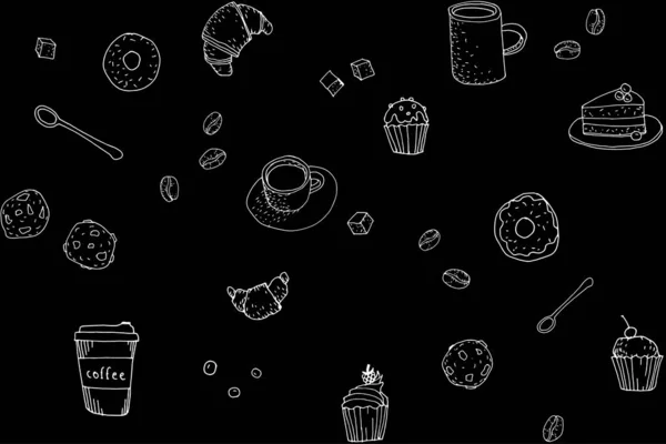 Kavárna ručně kreslené tabuli vzor. Skica line umění sladké pečivo teplé čerstvé snídaně. Organické kávové zrno kavárna menu app černá bílá vektorová ilustrace — Stockový vektor