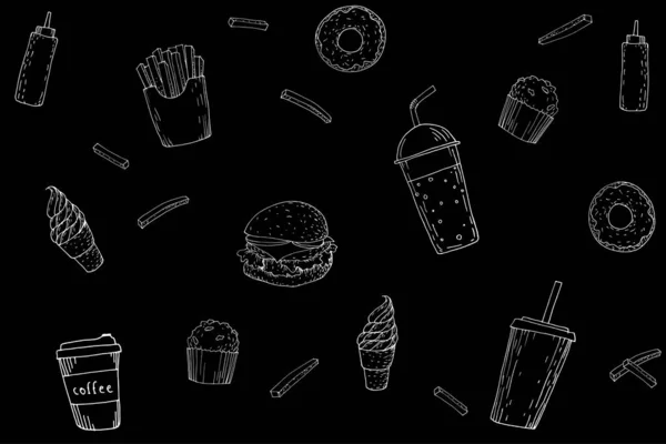 Junk jídlo chutné čmáranice tabulové vzory. Černý bílý hamburger soda zmrzlina tuk a sladké izolované grafiky. Horká káva jít nezdravé občerstvení onemocnění vektor rizika — Stockový vektor