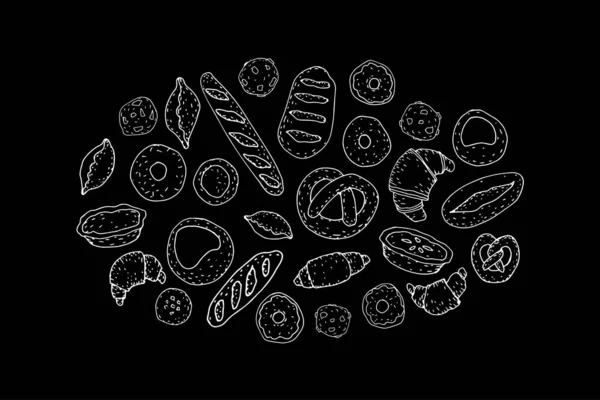 Panadería pan mano dibujo pizarra conjunto. Buns baguette croissant cookies donuts vintage blackboard line vector illustration. Café restaurante menú cartel — Vector de stock