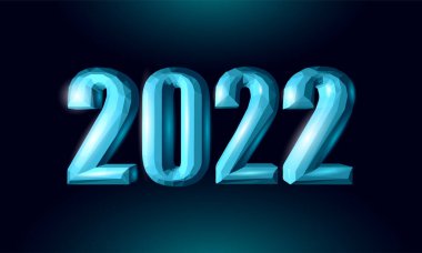 2022 Yeni Yıl 3D metal buz dokusu. Işıldayan mavi, koyu neon rengi çizimler. Kutlama dekorasyonu çelik gümüş krom poster tebrik kartı vektörü