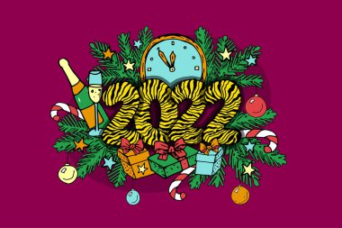 Kış Yeni Yıl Karalama Pankartı. Noel ağacı süslemesi şampanya sunar. Tebrik kartı çiziminiz kutlu olsun. Çizgi film grafik vektör çizimi