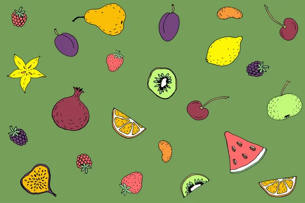 Exotické ovoce bezešvé vzor. Kreslená ruka kreslí barevný náčrt. Zdravý organický vegetariánský trh s příděly stravy. Kiwi hrušková jahodová fíky vektorová ilustrace — Stockový vektor