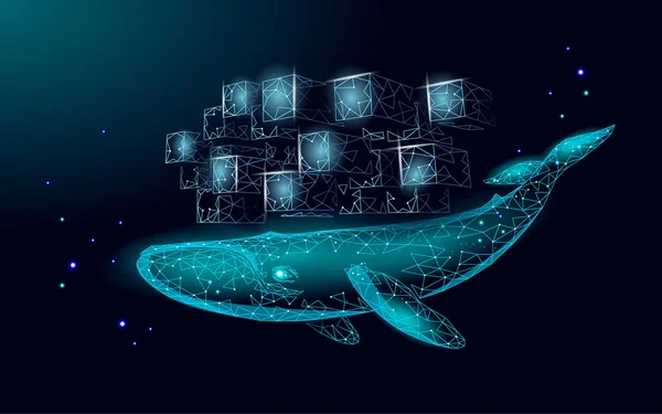 Whale och container dator docker utvecklare app koncept. Affärsprogram med öppen källkod. Datakodning styrning 3D låg polygonal vektor linje illustration — Stock vektor