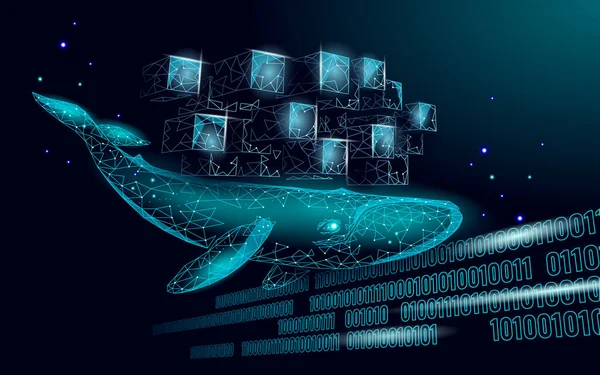 Whale and container computer docker developer app concept. Programa de código aberto digital de negócios. Dados codificação direção 3D baixo vetor poligonal linha ilustração — Vetor de Stock