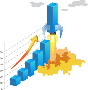 Roket iş istatistik çubuk grafik vektör 3d diagramvector çizim