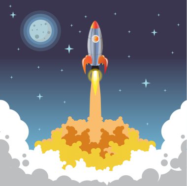 Roket vektör gece iş kurmak. Uzay Roket fırlatma öğlen. Roket çıkartıyor. Roket vektör. Bir roket motoru çalışır. Güç ve roketler gücü. ay