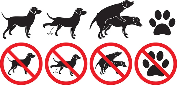 Dog sign vector illustration peeing grooming making love and pawprint footprint silhouette prohibited sign — Stock Vector