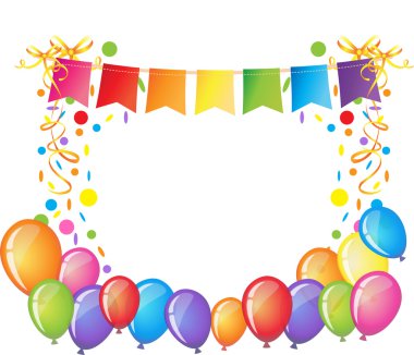 Renkli konfeti, kurdeleler ve balonlar ile kutlama arka plan. Mutlu yıllar tebrik kartı şablonu. Vektör İllüstrasyonu