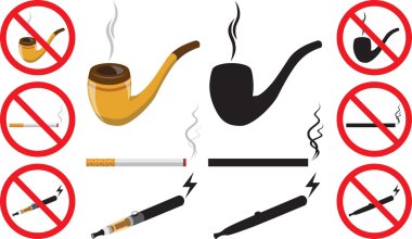 Sigara siluet vektör simgeleri toplama. Sigara, puro, alışkanlık ikonları. Puro vektör seti, tütün, nikotin. Sağlık sorunları, duman araçları, yasak
