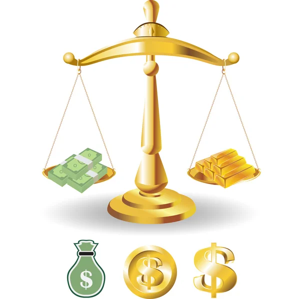 Escalas de Justiça simbolizando a medida de um apoio casos e oposição em um tribunal. Escalas do vetor Justiça. Ilustração Escalas de Justiça. com dinheiro do dólar e ouro — Vetor de Stock