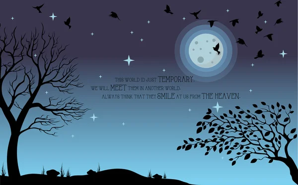 Illustrazione celeste sul tema di Halloween. Uccelli, alberi, luna e silhouette di pietra sul cimitero in un ambiente notturno. Auguri di Buon Halloween. Dolcetto o scherzetto. Illustrazione vettoriale — Vettoriale Stock