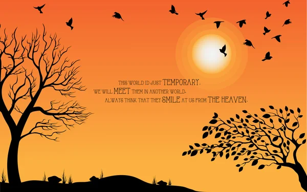 Illustrazione celeste sul tema di Halloween. Uccelli, alberi, sole e silhouette di pietra sul cimitero in un ambiente autunnale pomeridiano. Auguri di Buon Halloween. Dolcetto o scherzetto. Illustrazione vettoriale — Vettoriale Stock