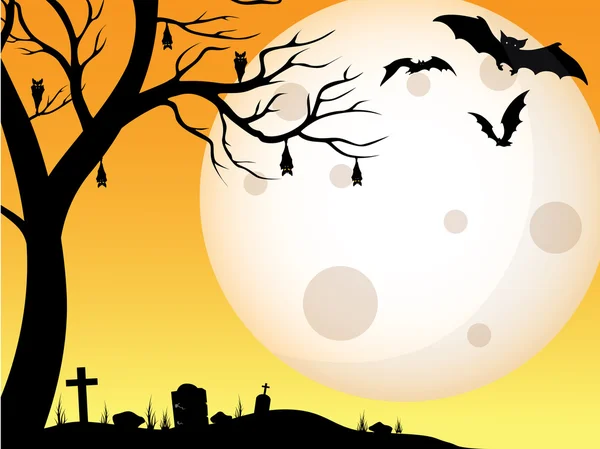 Halloween tombeau milieux effrayants avec pierre tombale, chauve-souris, et la lune dans la nuit après-midi illustration vectorielle — Image vectorielle