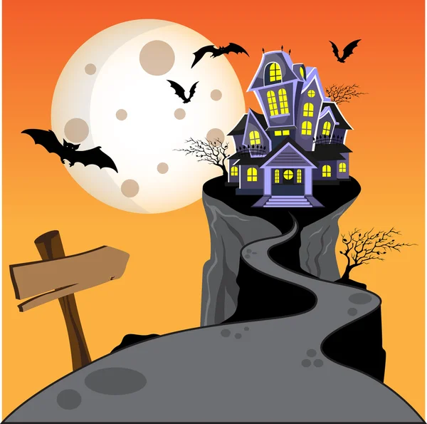Castillo de casa embrujada de Halloween en la colina con luna, murciélago y árbol. ilustración vectorial — Archivo Imágenes Vectoriales