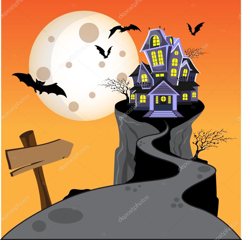 Halloween Geisterschloss auf einem Hügel mit Mond, Fledermaus und Baum.  Vektorillustration Stock-Vektorbild von ©wijayajunaedy@gmail.com 121088076, image size:1023x1016