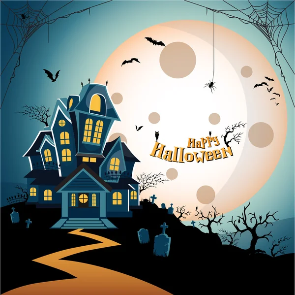 Strašidelný dům halloween pozadí s strom, bat, hrob, náhrobek, spider, web a pavučina na hrob, hřbitov. Šťastný halloween téma. Šťastný halloween blahopřání. Vektorové ilustrace eps10 — Stockový vektor
