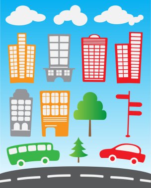 Kentsel peyzaj ve şehir hayatı düz tasarım modern vektör çizim simgeler kümesi. Bina simgesini