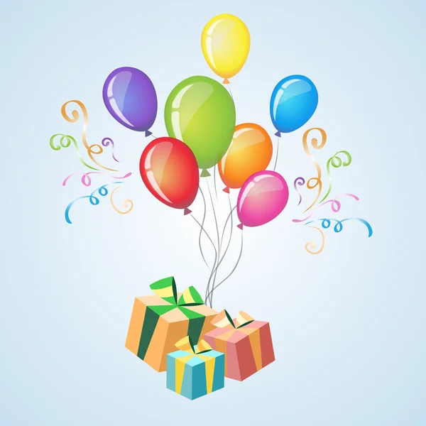 Tarjeta de felicitación de cumpleaños con ilustración colorida de la caja de regalo que vuela en globos altos en el cielo — Archivo Imágenes Vectoriales