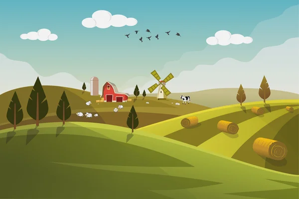 Фермерське поле плоский сільський пейзаж. Концепція органічного харчування сільського господарства для будь-якого дизайну. Сільськогосподарські угіддя з фермерським будинком, тюком, сараєм, млином, вітряком, вівцею, коровами, Векторні ілюстрації . — стоковий вектор