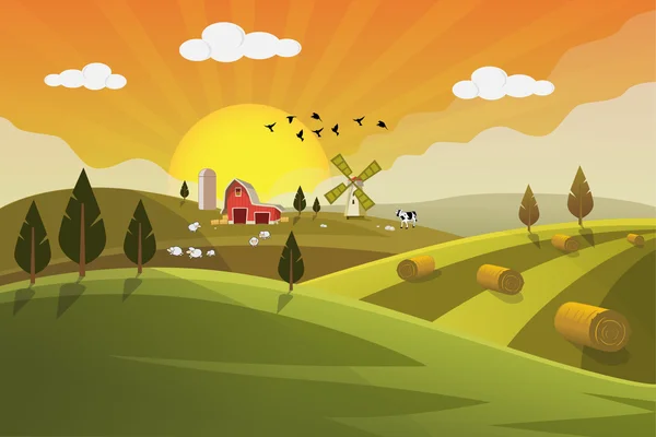 Ferme terrain plat campagne après-midi automne paysage. Concept d'agriculture alimentaire biologique pour tout design. Terrain agricole avec maison de ferme, balles de foin, grange, moulin, moulin à vent, mouton, vache, Illustration vectorielle de fond . — Image vectorielle