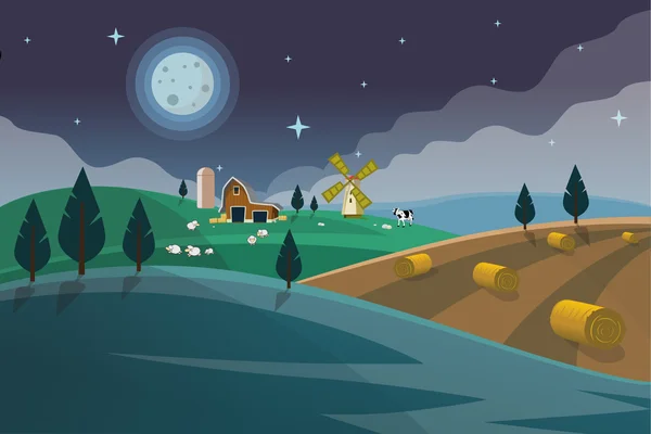 Farm field flat countryside night landscape. Organic food agriculture concept for any design. Farmland with farm house, hay bale, barn, mill, windmill, sheep, cow, Background vector illustration. — Stock Vector
