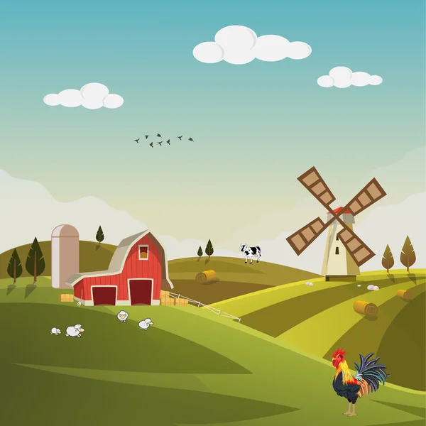 Farm field flat countryside landscape. Organic food agriculture concept for any design. Farmland with farm house, hay bale, barn, mill, windmill, sheep, cow, Background vector illustration. — Stock Vector