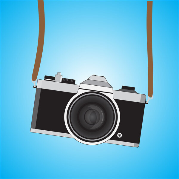 Retro camera in a flat style. Vintage camera on a colored background. Antique hung old camera with strap. Vector Illustration