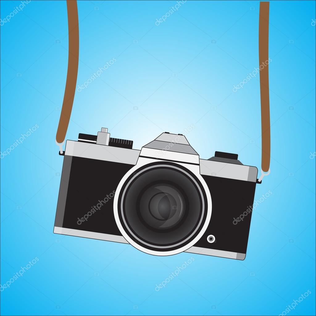 Retro camera in a flat style. Vintage camera on a colored background
