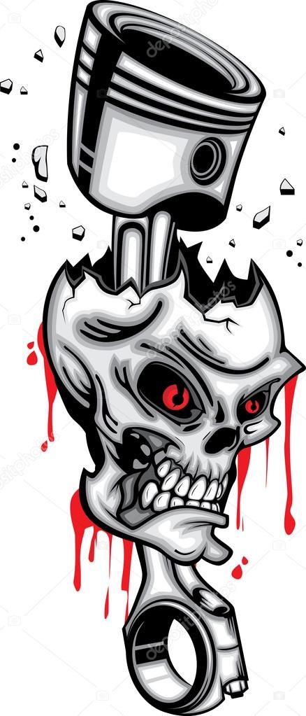 Skull head piston wrecked red eye 3d vector with blood on 