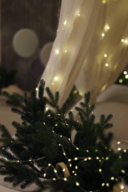 Draped kumaş tamamlayıcılar yumuşak parlayan ışıklarla bezenmiş yemyeşil, sıcak, davetkar bir sahne yaratıyor kapalı bir ortamda festival sezonu için mükemmel.