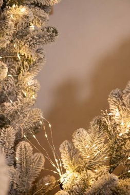 Yumuşak altın ışıklarla aydınlatılmış buzlu dallara yakın çekim. Sahne, tatil sezonu için mükemmel bir ortam sergiliyor. Doğa ve dekorasyonu ön plana çıkarıyor..
