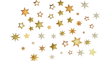 Siyah bir zemine saçılmış altın yıldızların dijital bir çizimi ışıl ışıl ve neşeli bir his yaratıyor..