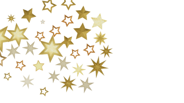 Siyah bir zemin üzerine dağılmış altın yıldızlardan oluşan bir derleme, neşeli ve ışıl ışıl bir atmosfer yaratıyor..