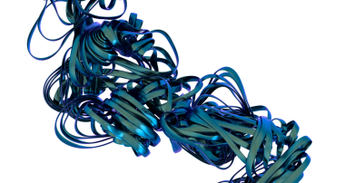 Mavi metalik kurdelelerin soyut üç boyutlu oluşturulması dinamik ve renkli bir kompozisyon oluşturur.