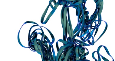 Mavi metalik bir kurdelenin soyut üç boyutlu çizimi koyu bir arkaplana karşı karmaşık bir heykel oluşturuyor.