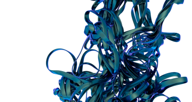 Siyah arkaplana karşı mavi ve mor tonlarda karışık kurdeleler içeren 3D soyut görüntü oluşturuldu.