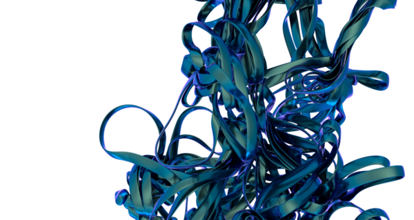 Siyah arkaplana karşı mavi ve mor tonlarda karışık kurdeleler içeren 3D soyut görüntü oluşturuldu.