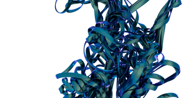 Dijital olarak işlenmiş soyut mavi kurdeleli, parlak bir bitişe sahip heykel. Kurdeleler birbirine dolanır ve karmaşık ve dinamik bir şekil yaratır..
